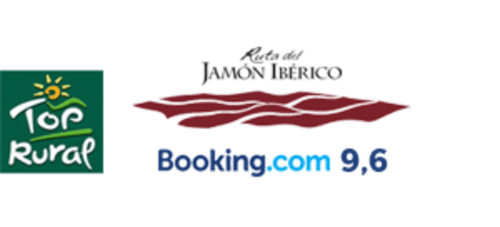 Top Rural and Ruta del Jamón Ibérico logos with Booking.com 9.6 rating for Casa Rural El Fontano in Montanchez