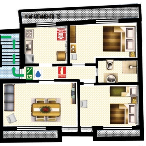 Floor plan of T2 apartment at Armação Beach Residences with 2 bedrooms, living area, kitchen, and balcony