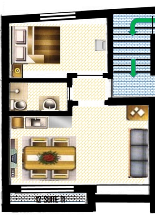 Floor plan of Suite T1 apartment at Armação Beach Residences showing bedroom, bathroom, dining and living areas with balcony