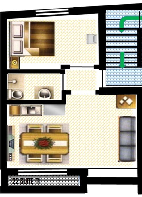 Floor plan of Suite T1 apartment at Armação Beach Residences in Armação de Pêra, featuring bedroom, bathroom, kitchen, and