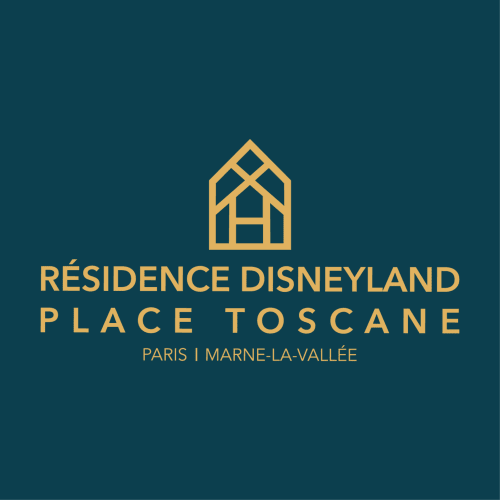 Logo Résidence Disneyland Place Toscane avec icône de maison sur fond bleu canard, Paris Marne-la-Vallée