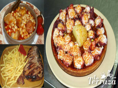 Pratos tradicionais espanhóis em Turismo en Sanabria: caldo de feijão, carne grelhada com batatas fritas e empada típica