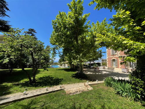 Jardin verdoyant de la cour de l'hôtel-boutique Campagne d'Albert à Marseille avec arbres matures, pelouse verte et terre cuite