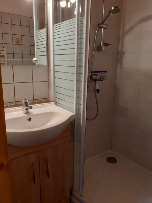 Salle de bain moderne au Chalet Les Arcosses avec lavabo blanc incurvé, meuble vasque bois et douche fermée
