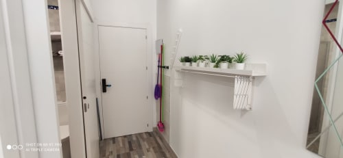 Entrada moderna del apartamento en Apartamentos Huelintown, Málaga con paredes blancas, plantas en maceta y perchero