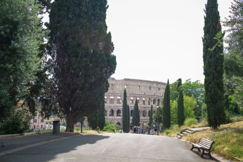 Viale alberato che conduce al Colosseo a Roma, vicino agli appartamenti Petra