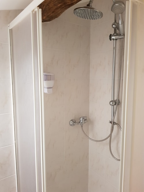 Salle de bains moderne avec pomme de douche pluie et douchette à main à Le Pommier Chambre d'hôte à Clussais-la-Pommeraie