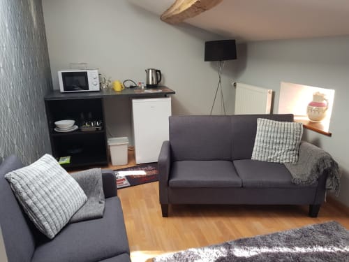 Séjour cosy à la Maison d'hôtes Le Pommier : canapé gris, kitchenette et équipements modernes à Clussais-la-Pommeraie