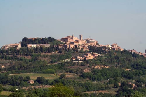 Montepulciano, borgo collinare toscano con edifici in terracotta, cipressi e vigneti
