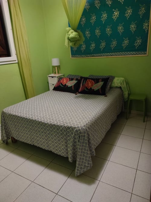 Chambre vert vif à la Résidence Les 2 Moulins au Moule avec lit queen, table de nuit blanche et coussins décoratifs