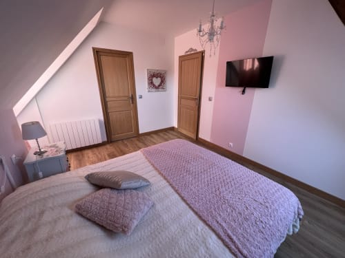 Modernes Studioschlafzimmer im Château Ségot in Neuilly-le-Réal mit rosa Wänden, Holztüren, TV und komfortablem Bettzeug