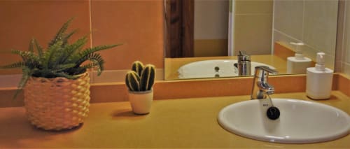 Baño del Apartamento Simancón en La Casa De La Abuela Regina, Grazalema con lavamanos redondo, espejo y suculentas decorativas