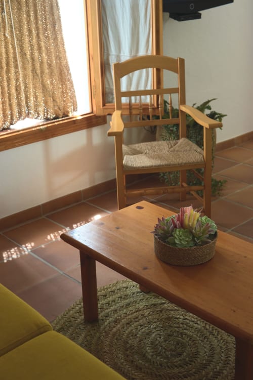 Soleada zona de estar del Apartamento Gaduares en La Casa De La Abuela Regina, Grazalema, con silla de madera, mesa y suculentas
