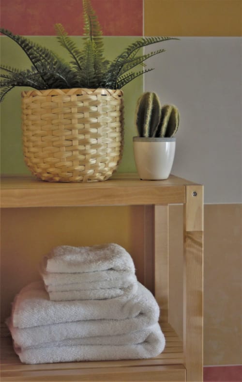Estante de madera en el Apartamento Gaduares con plantas de helecho y cactus, toallas blancas dobladas debajo, decoración del hotel Grazalema
