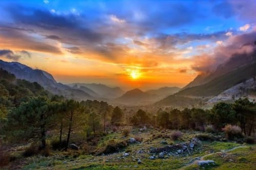 Sunrise over Grazalema mountains with forest and valley mist at La Casa De La Abuela Regina