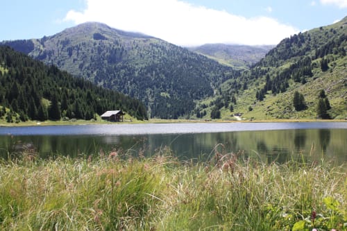 Lac alpin entouré de montagnes boisées à CMD Méribel Le Pralin, Les Allues