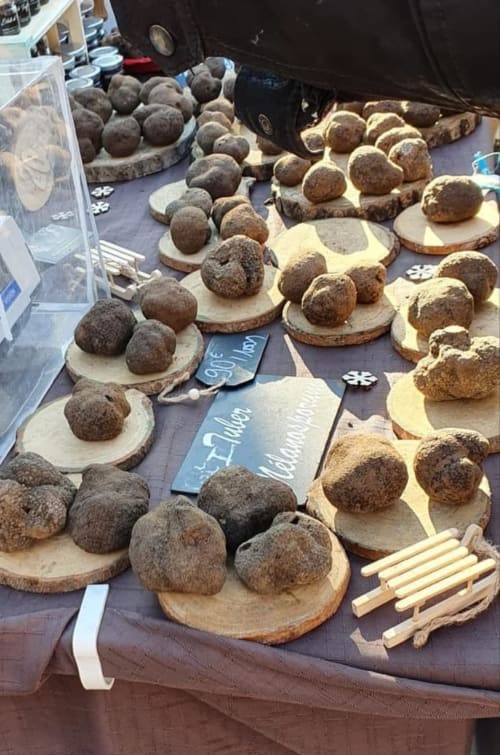 Variétés de truffes exposées à un étal du marché de Grignan, France, près de la maison d'hôtes Le Pavillon M