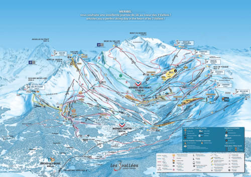 Plan des pistes de la station de ski de Méribel avec remontées mécaniques et sommets montagneux aux Allues, France