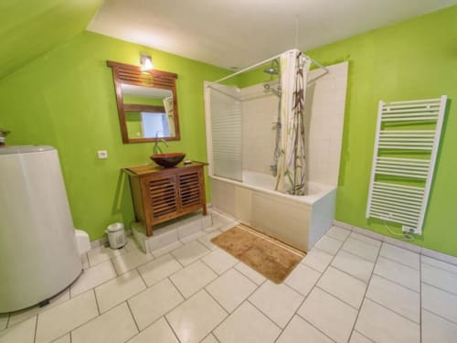 Salle de bains moderne au Refuge des Alpes Mancelles avec murs vert anis, meuble vasque en bois et douche spacieuse