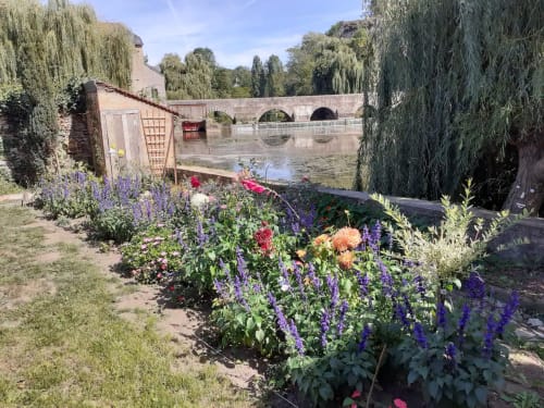 Jardin coloré aux fleurs violettes avec vue sur la rivière et le pont historique du refuge des Alpes mancelles