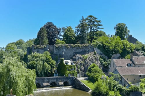 Forteresse historique dominant la rivière avec pont de pierre et verdure luxuriante à Fresnay-sur-Sarthe, France