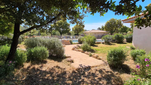 Scenic grounds at Villas Lantana in Lecci with olive trees, sandy pathways, and pool area
