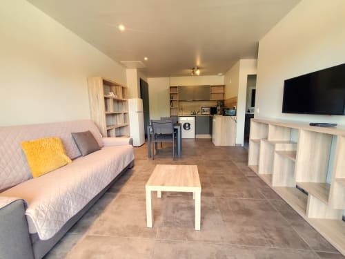 Modern 1-bedroom apartment at Villas Lantana in Lecci with open-plan living, kitchen, sofa, flat-screen TV and wooden