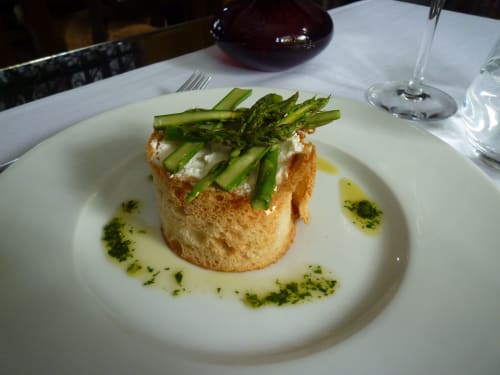 Gourmet asparagus and goat cheese appetizer at Le Grand Duc B&B in Valenciennes, France