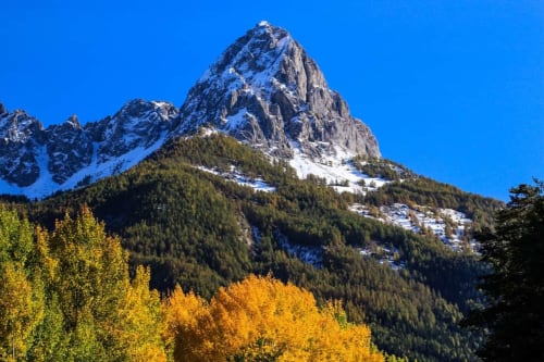 Pic montagneux enneigé avec mélèzes dorés d'automne, Le Lauzet-Ubaye