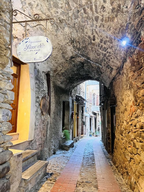 Ruelle pavée étroite à Dolceacqua avec bâtiments en pierre et porte jaune, enseigne Agritusmo Stecadò