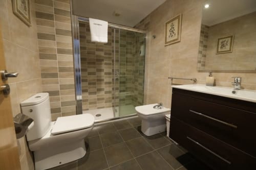 Baño moderno en la casa rural Balbino en León, España con ducha, inodoro, bidé y lavabo oscuro