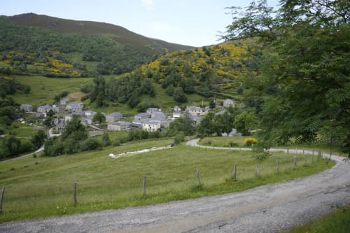 Pueblo rural en valle verde con árboles de flores amarillas, montañas y pastos de pastoreo cerca de Prado Novo, León