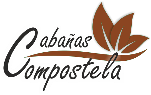 Logo de Cabañas Compostela con hojas estilizadas en marrón y elegante texto manuscrito, Santiago de Compostela