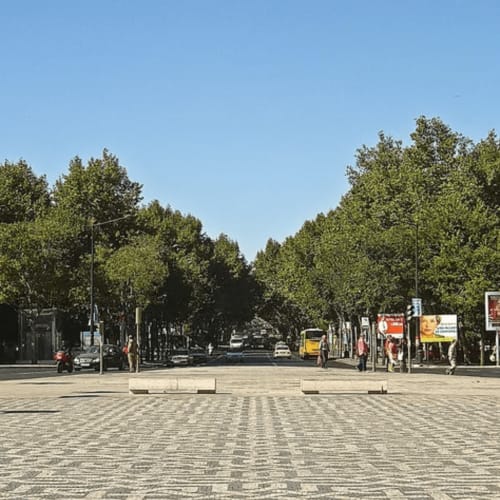 Praça arborizada em Leiria, Portugal com passarela de pedestres e lojas locais perto de Charm Discovery Experiences