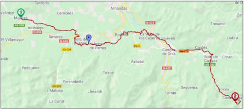 Mapa de ubicación del hotel La Venta de Miyares en Miyares, Piloña, Asturias con pueblos cercanos y rutas de carreteras