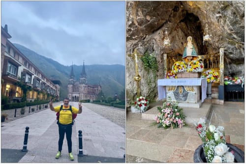 Visitante en el Hotel La Venta de Miyares en Asturias, España, con la Basílica de fondo y santuario de gruta sagrada
