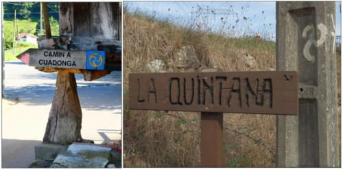 Señales direccionales hacia Camín a Cuadionga y La Quintana en La Venta de Miyares, Piloña