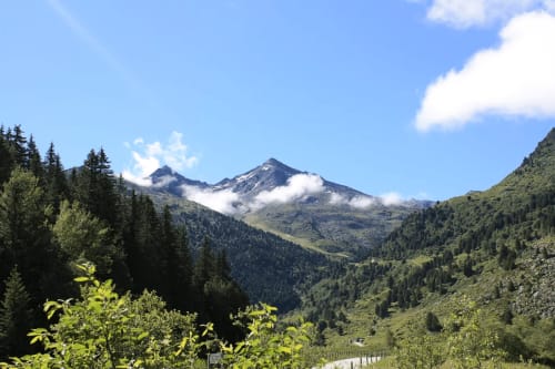 Vallée alpine avec pic montagneux enneigé, forêts denses et prairies verdoyantes près de CMD Méribel Le Pralin aux Allues