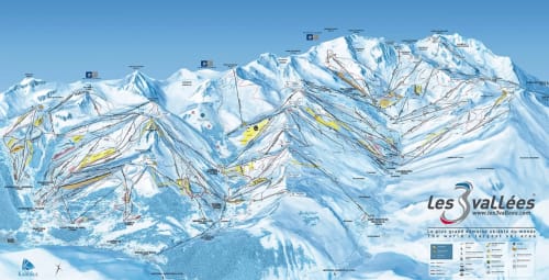 Carte des pistes du domaine skiable des 3 Vallées montrant le terrain et les slopes de Méribel à Les Allues, France