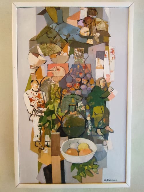 Collage astratto con figure, cesta di frutta e elementi vigneti presso La Locanda del Vino Nobile, Montepulciano