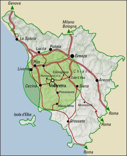 Regional map of Tuscany showing Pomarance location near Volterra with roads connecting to major cities