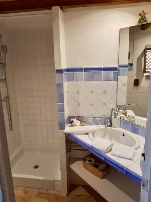 Cuarto de baño del Petit Hotel Sa Plana con azulejos azules y blancos, lavabo con toallas y ducha en Estellencs