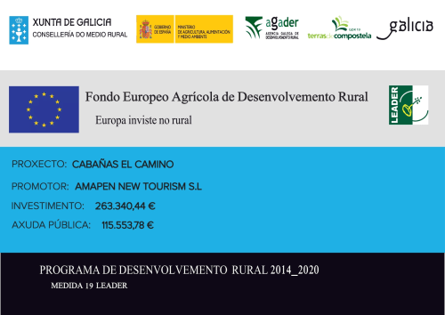 Certificado de financiación LEADER para el proyecto de turismo rural Cabañas El Camino en Galicia