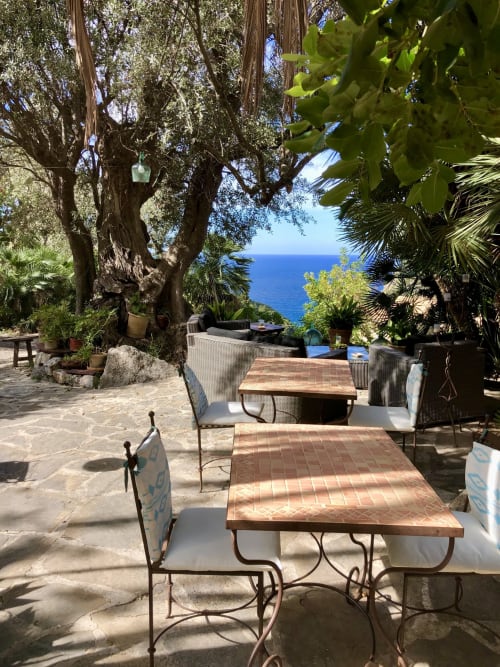 Terraza al aire libre del Petit Hotel Sa Plana en Estellencs con mesas de comedor, árbol centenario y vistas al Mar Mediterráneo