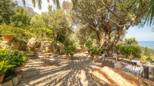 Terraza de jardín mediterráneo en Petit Hotel Sa Plana en Estellencs con olivos, vistas al mar y zona de estar exterior