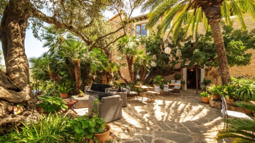 Patio del Petit Hotel Sa Plana en Estellencs con palmeras, edificio de piedra y zona de descanso sombreada