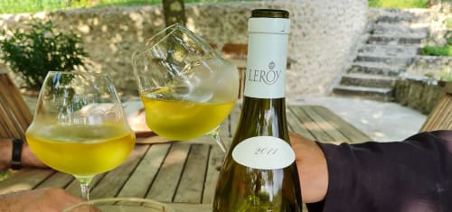 Dégustation de vin blanc en terrasse au Domaine de Labrousse en Périgord – verres levés et bouteille Leroy en Dordogn