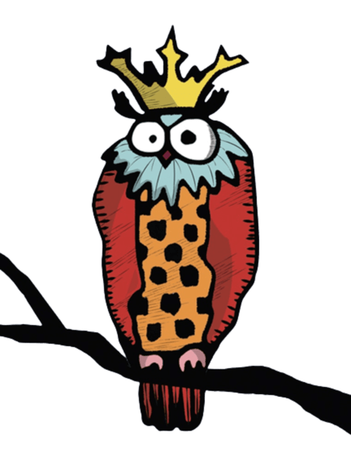 Chouette de dessin animé colorée portant une couronne dorée, mascotte de l'hôtel-boutique Le Grand Duc à Valenciennes