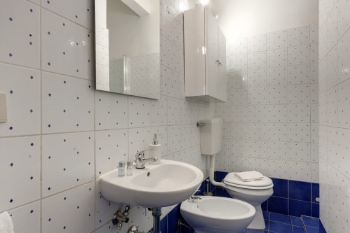 Modern bathroom in Sleep tight Florence apartment with white sink, toilet, blue tile floor, and small mirror in Firenze