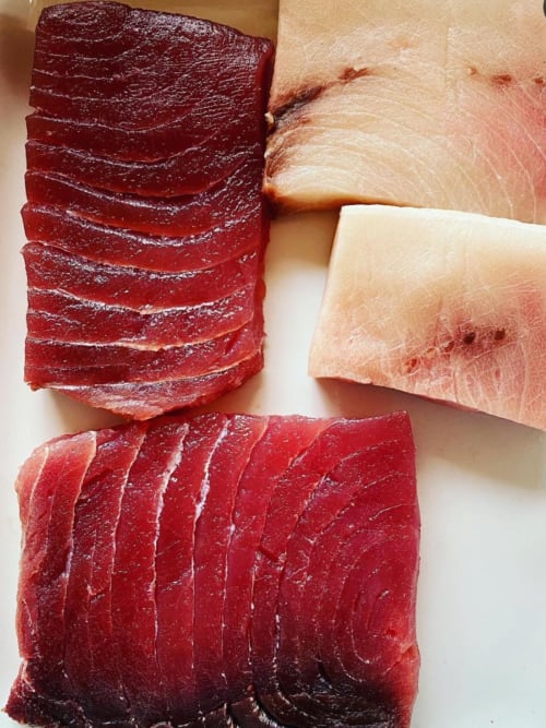 Fresh sliced beef and fish at La Guirtelle B&B in Lainsecq, France